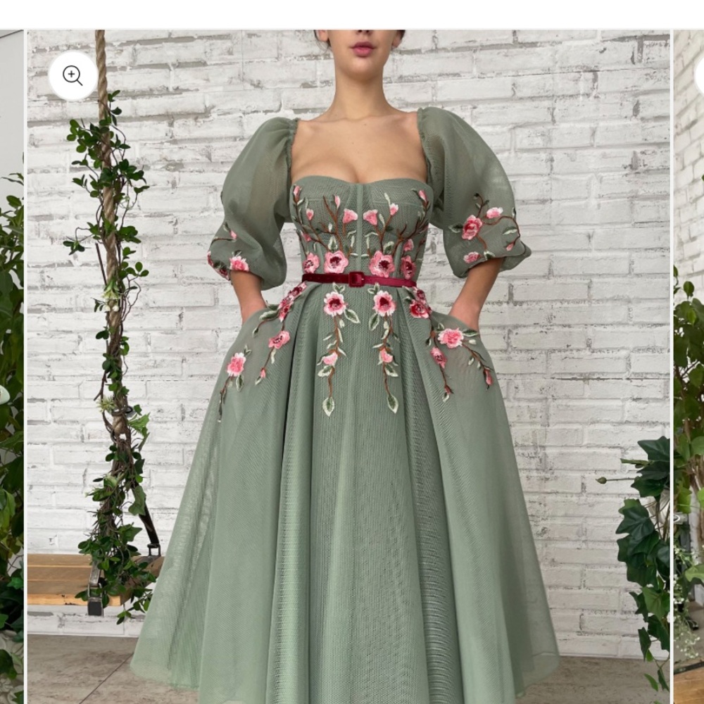 Teuta Matoshi Sage Green Maxi Dress with Pink Floral Embroidery - Picture 5 of 12